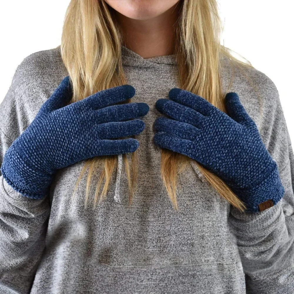 Women's Dark Denim Winter Warm Eco-friendly Chenille Touchscreen Texting Gloves